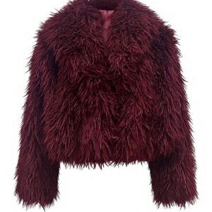 Dark Red Burgundy Mongolian Faux Fur Cropped Teddy Coat Fuzzy Jacket Small